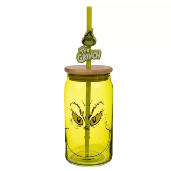 The Grinch Green Glass Jar 16 oz Drinking  Cup with Straw & Lid NEW - Picture 1 of 11